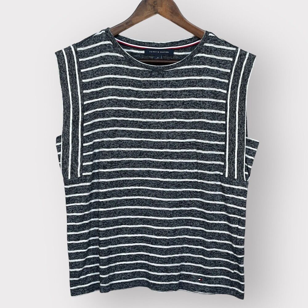 Tommy Hilfiger Sleeveless Top Women Size M‎ Blue Striped Slub Nautical